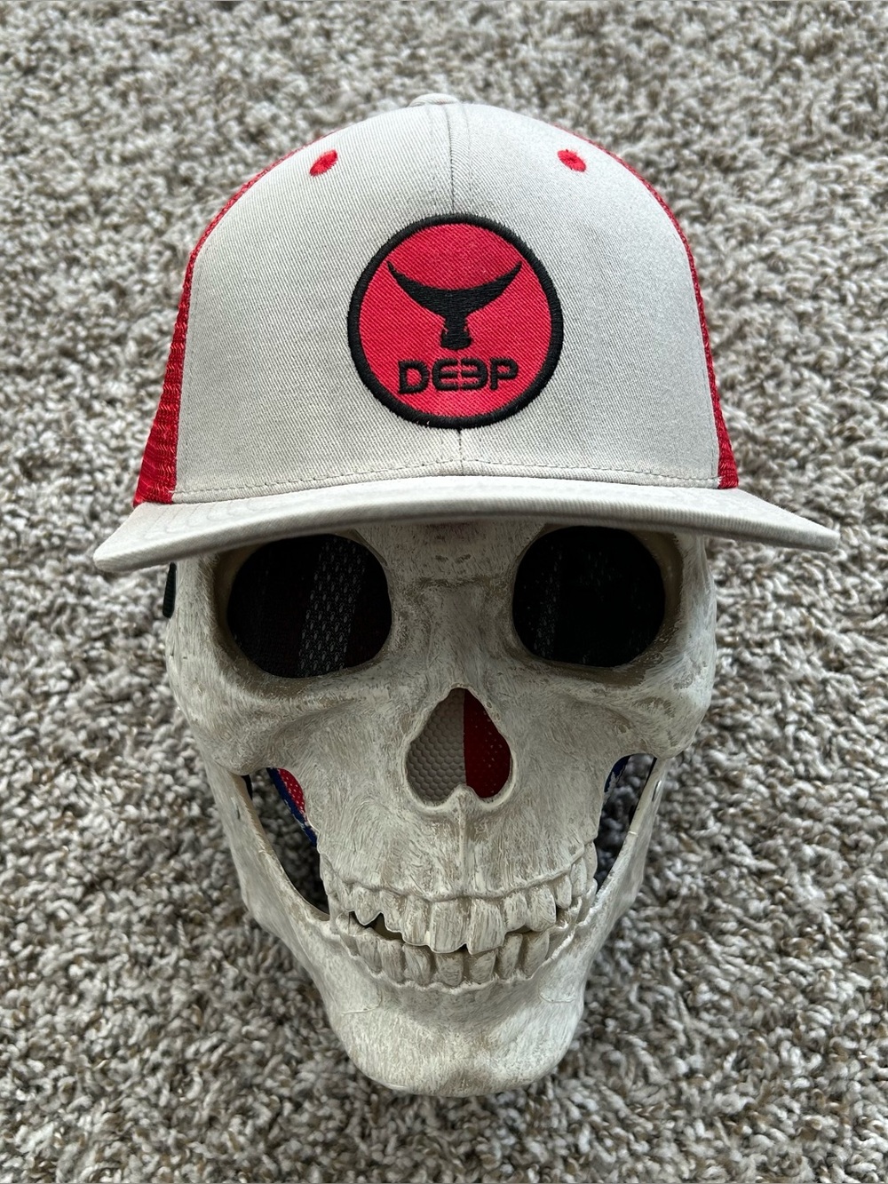 DEEP Ocean Apparel Fishing Snapback Trucker Hat Red Gray Whale Tail Logo